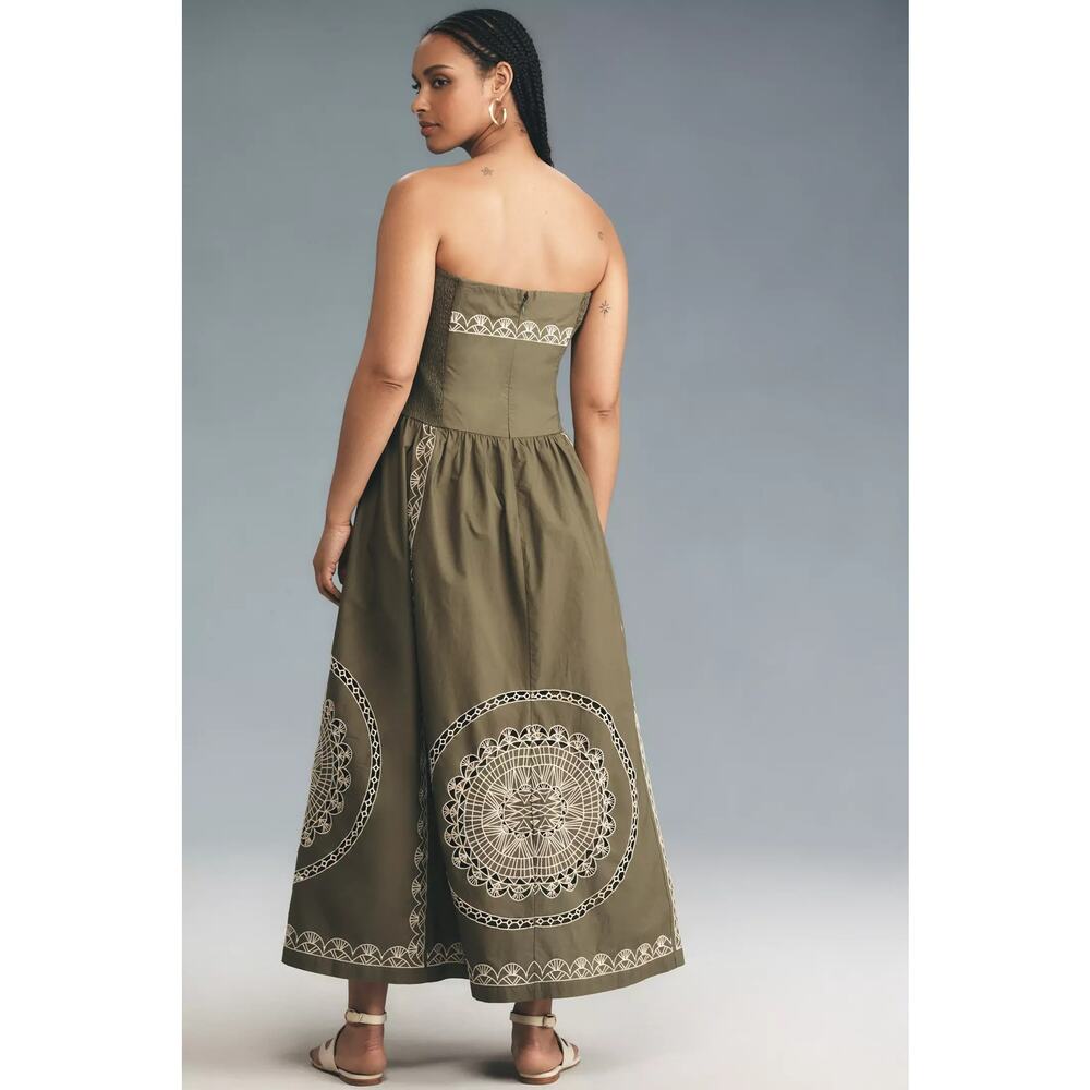 New Anthropologie Strapless Drop-Waist Embroidered Midi Dress $268 Large Olive - Picture 7 of 8